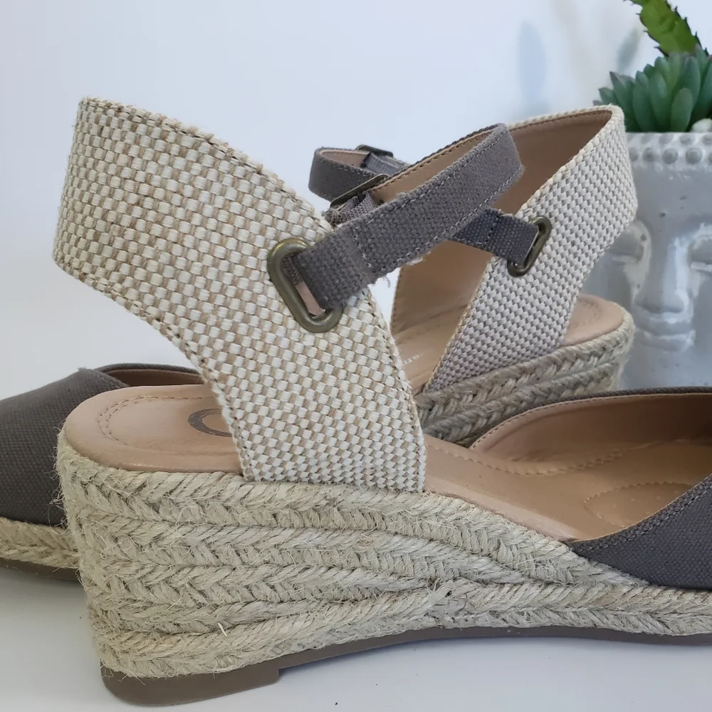 Tru Comfort Espadrille - Gray w/ Raffia Wedge - Canvas Textile Wide Width 8